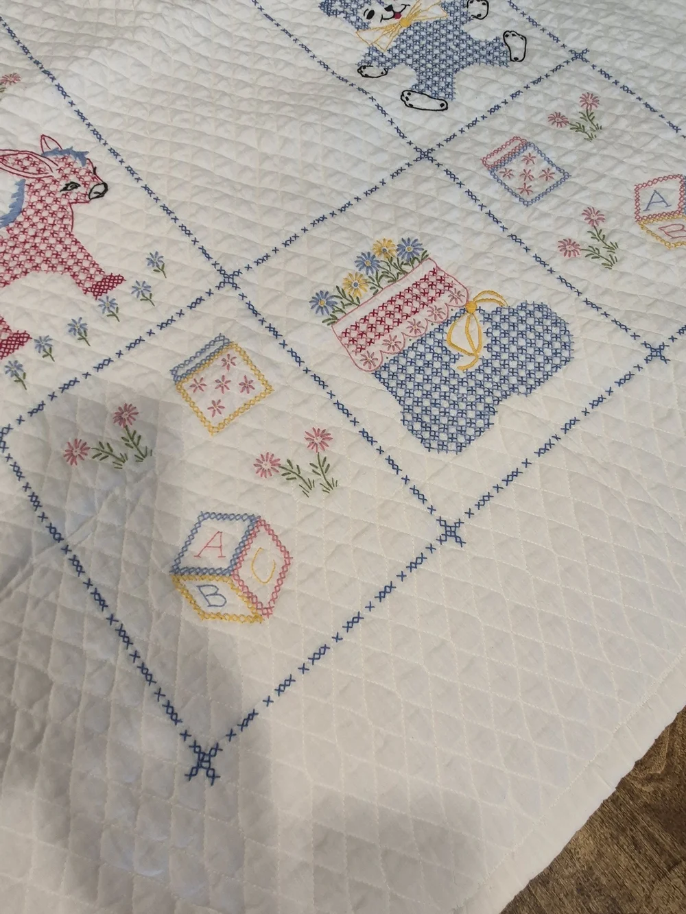 Vintage Handmade Crosstitch Baby Quilt- White with Blue and Pink Animal Motifs